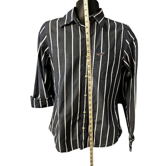 Mens Hollister Navy & White Striped Long Sleeve Button-Up Shirt Small 100% Cotto - Picture 3 of 5